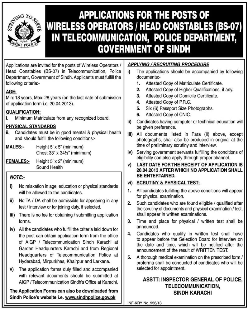 Sindh Police Jobs 2013 Application Form for Head Constables / Wireless Operators in Telecommunication Department