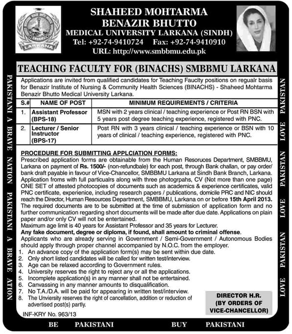 Teaching Faculty Jobs at BINACHS 2013 Benazir Institute of Nursing & Community Health Sciences SMBBMU