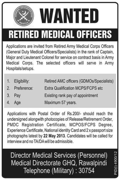 Army Medical Corps Jobs 2013 for Ex/Retired AMC Officers (GDMO/Specialist) Doctors Latest Advertisement