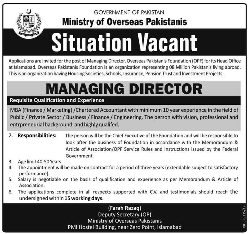 Managing Director Job at Overseas Pakistanis Foundation 2013 Ministry of Overseas Pakistanis