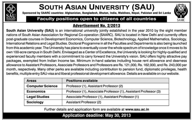 South Asian University New Delhi Jobs 2013 Assistant / Associate / Professors (Teaching Faculty) SAARC