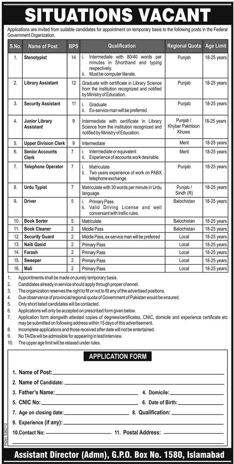 PO Box 1580 GPO Islamabad Jobs 2013 in Federal Government Organization Latest Advertisement