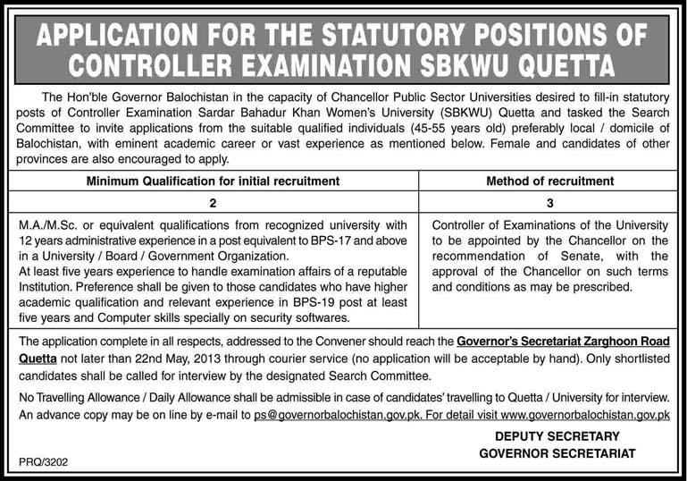 Sardar Bahadur Khan Women's University Quetta Job 2013 for Controller Examination