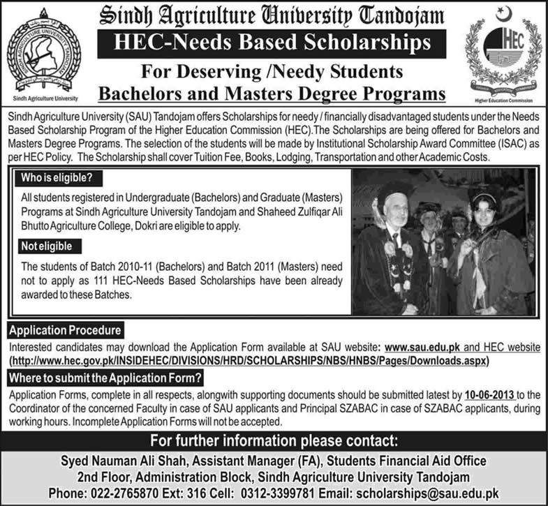 HEC Need Based Scholarship 2013 at Sindh Agriculture University (SAU) Tandojam