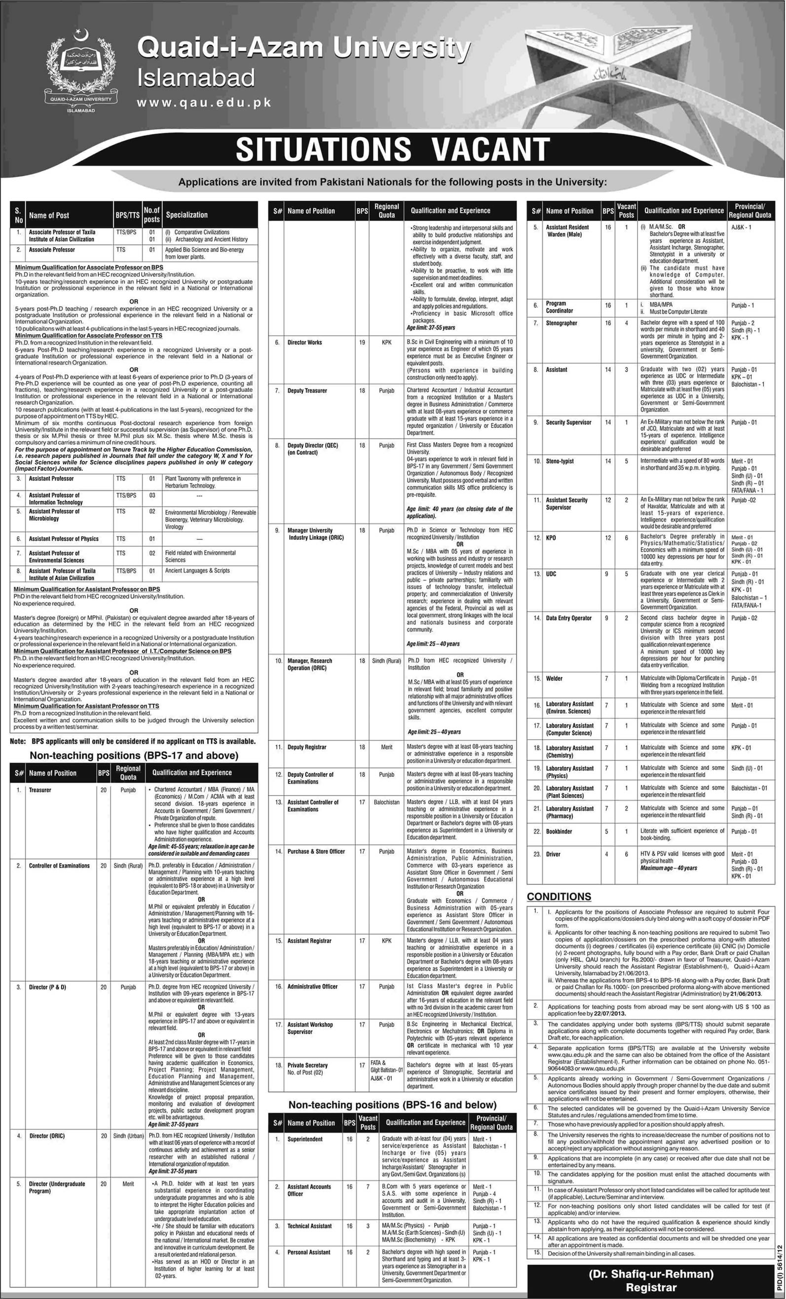 QAU Islamabad Jobs 2013 Quaid-e-Azam University Advertisement for Faculty & Administrative Staff