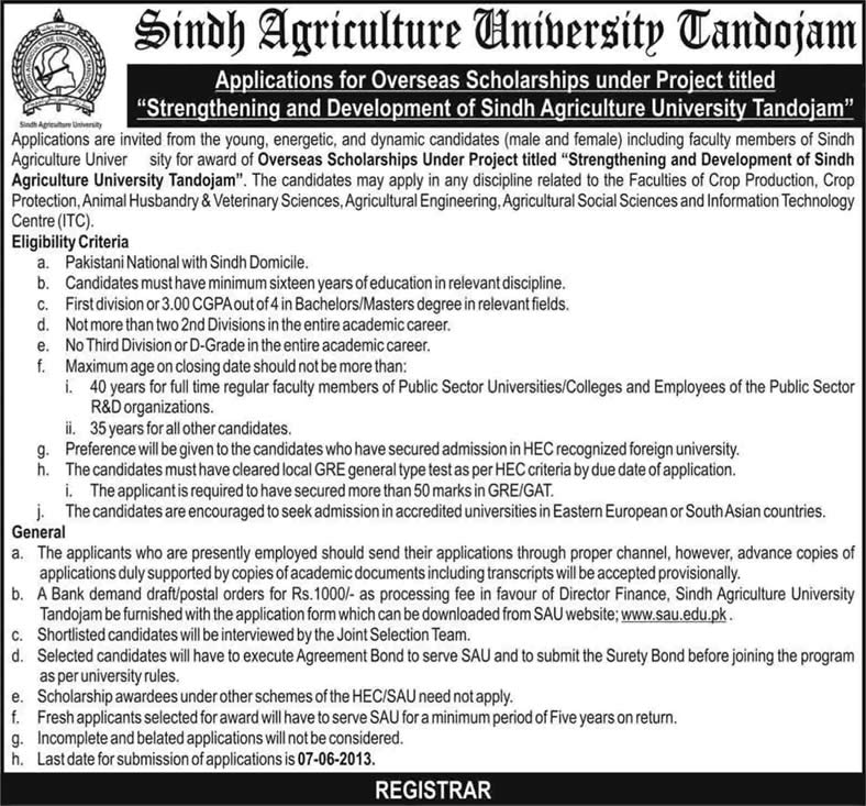 Sindh Agriculture University Tandojam Overseas Scholarships 2013 May
