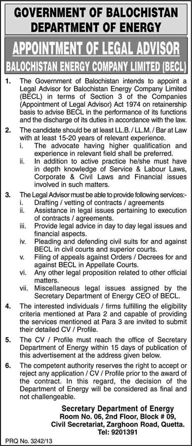 Legal Advisor Job in Balochistan 2013 May Latest at Department of Energy