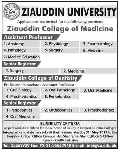 Ziauddin University Jobs 2013 for Teaching Faculty (Assistant / Associate / Professors & Senior Registrars)