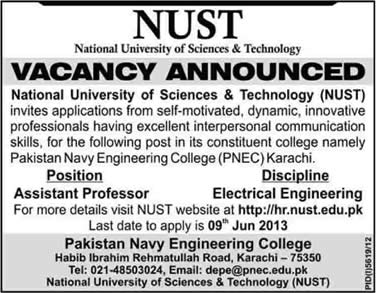 NUST University Jobs 2013 May / June Assistant Professor at Pakistan Navy Engineering College Karachi