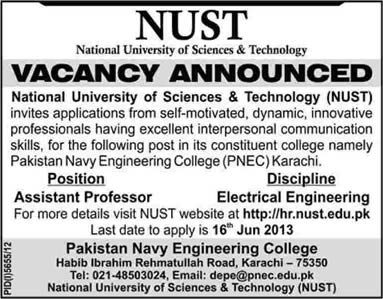 Pakistan Navy Engineering College (PNEC) Karachi NUST Job 2013 for Assistant Professor in Electrical Engineering