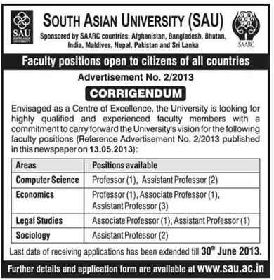 South Asian University New Delhi Jobs 2013 Teaching Faculty (Assistant / Associate / Professors) Corrigendum