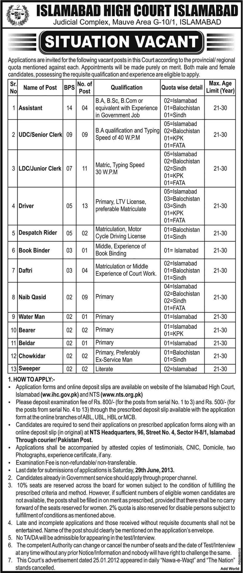 Islamabad High Court Jobs 2013 June Application Form Download