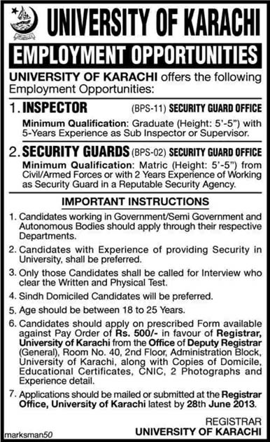 Karachi University Jobs 2013-June-14 for Security Inspector & Security Guards