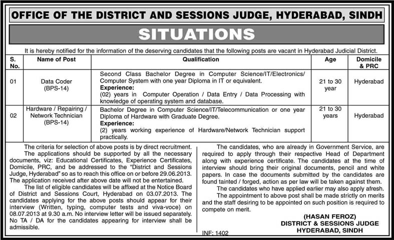 Jobs in District and Session Court Hyderabad Sindh 2013 Latest Advertisement