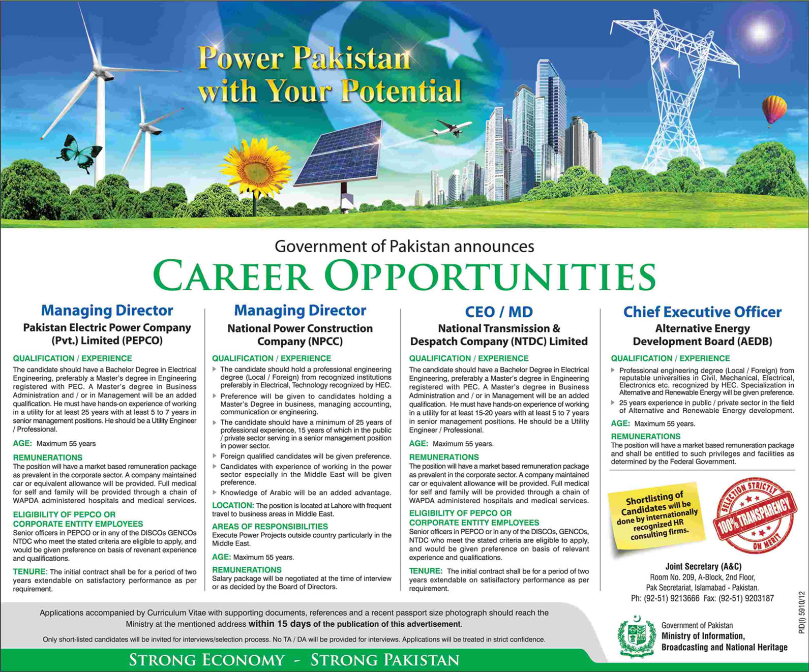 Government of Pakistan Jobs 2013 for CEO - AEDB, CEO / MD - NTDC, MD - NPCC & MD - PEPCO