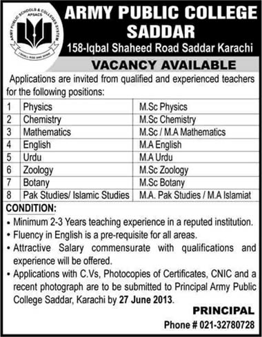 College Teaching Jobs in Karachi 2013 June Latest at Army Public College Saddar