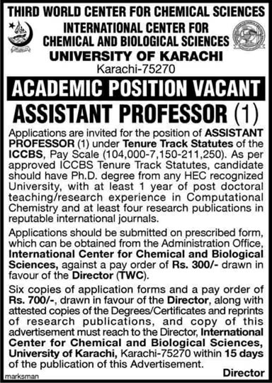 Assistant Professor Computational Chemistry Job at ICCBS, Karachi University 2013 June