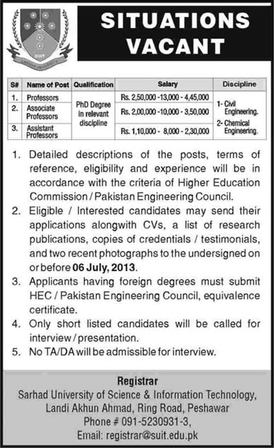 Sarhad University Peshawar Jobs 2013 June SUIT Teaching Faculty (Assistant / Associate / Professors)