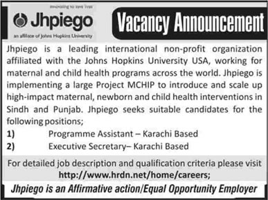 JHPIEGO Pakistan Jobs 2013 June Latest in Karachi for Programme Assistant & Executive Secretary