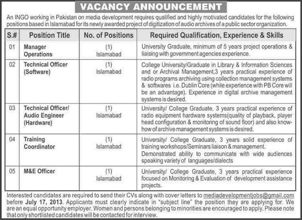International NGO Jobs in Islamabad 2013 July Manager, Technical Officers, Training Coordinator and M&E Officer