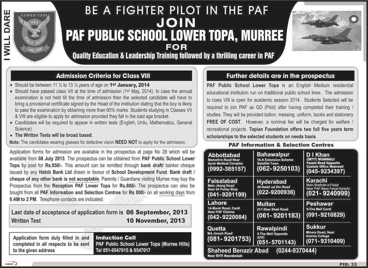 PAF Public School Lower Topa Murree Admission 2013 for Session 2014 in Class VIII / 8 to Join PAF as GD Pilot
