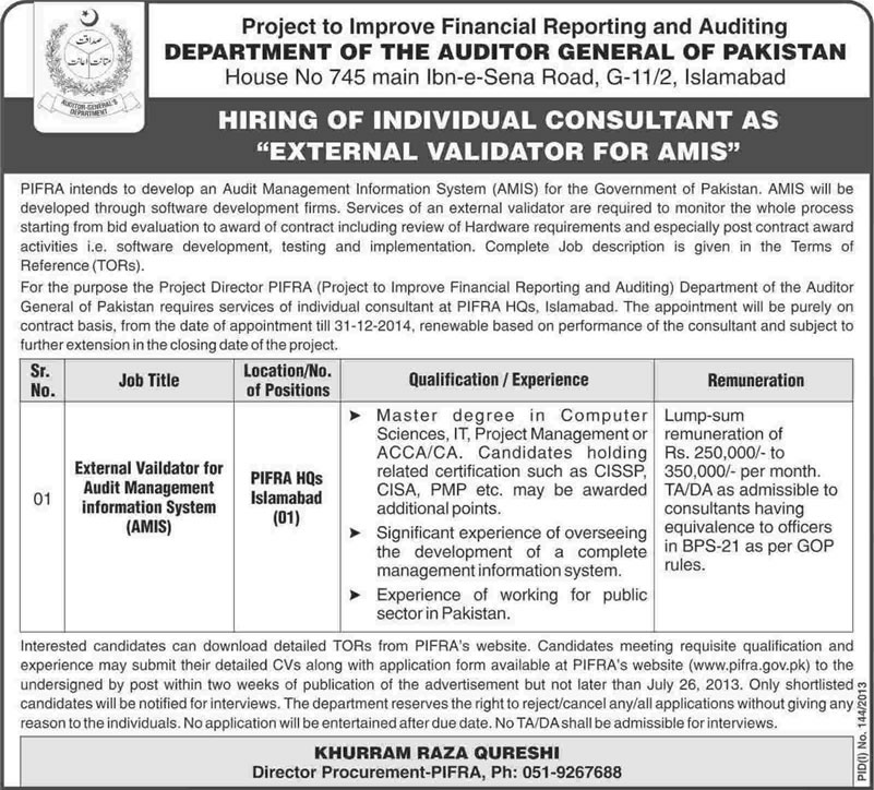 PIFRA Jobs 2013 July Consultant in Islamabad for Audit Management Information System (AMIS)