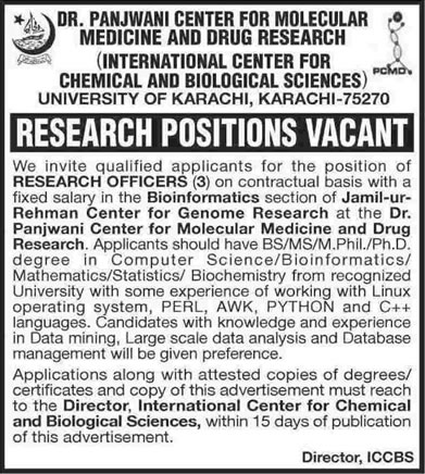 Research Officer Jobs in Karachi 2013 July Latest in Bioinformatics Section at ICCBS Karachi University