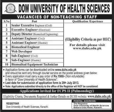 Dow University of Health Sciences Karachi Jobs 2013 July DUHS Biomedical/Electrical/Civil Engineers & Other Staff