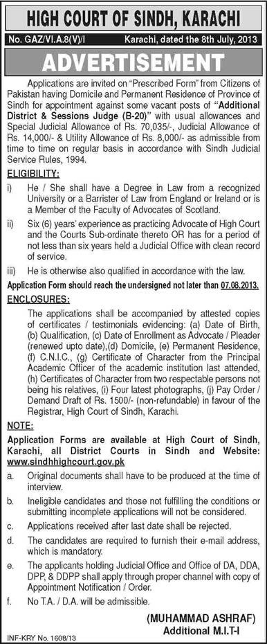 High Court of Sindh Karachi Jobs 2013 July Additional District & Session Judges