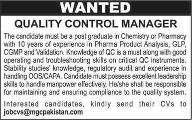 Quality Control Manager Jobs in Pakistan 2013 July Latest at Medicam Group of Companies (MGC)