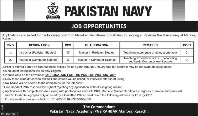 Pakistan Navy Jobs 2013 July Karachi for Instructors of Pakistan Studies & Computer Science