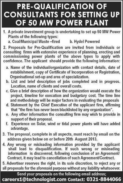 Power Plant Setup Consultants in Pakistan - Pre-Qualification 2013 July