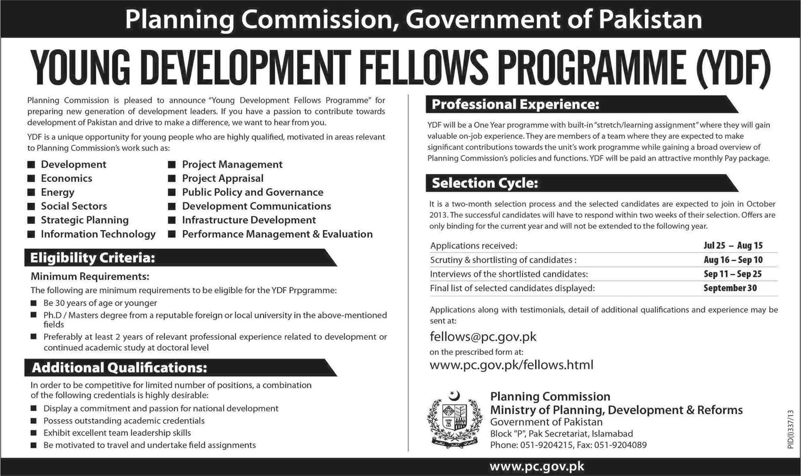 Young Development Fellows Programme 2013 Planning Commission of Pakistan