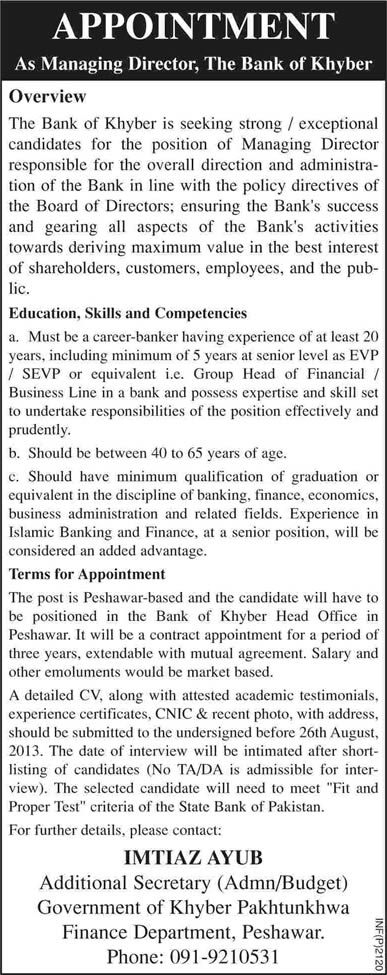 The Bank of Khyber Jobs 2013 August Latest for Managing Director in Peshawar