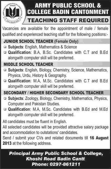 Army Public School & College Badin Jobs 2013 August for Teachers Latest