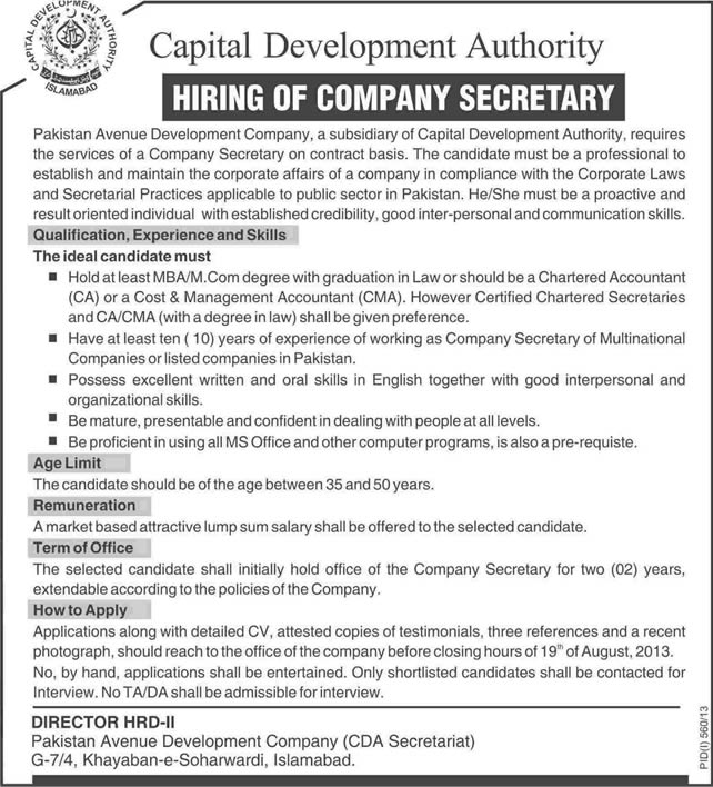 Pakistan Avenue Development Company CDA Islamabad Job for Company Secretary 2013 August
