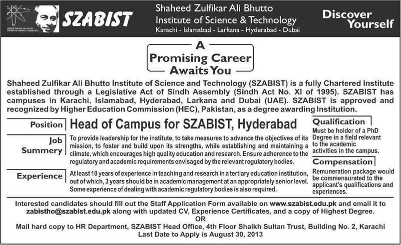 Head of SZABIST Campus Hyderabad Job 2013 August
