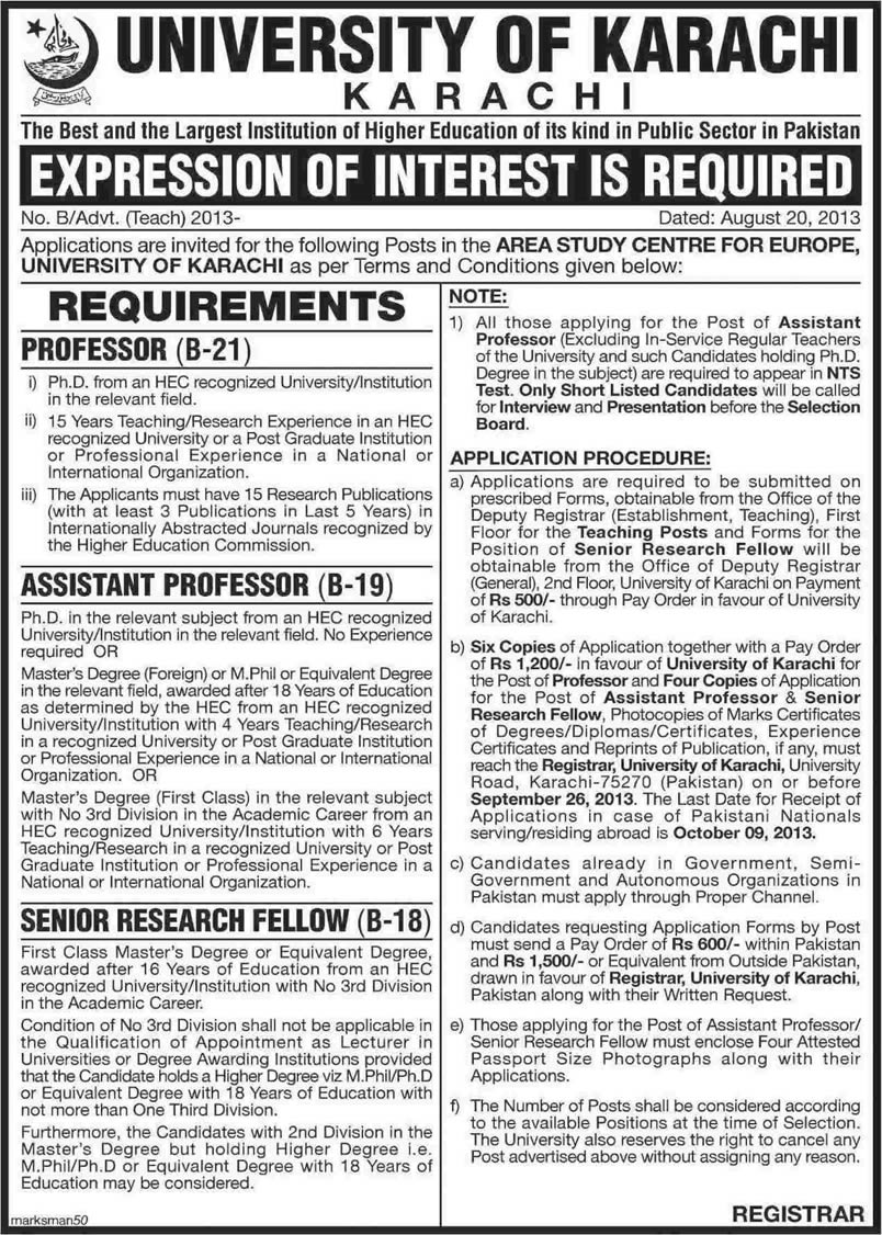 Area Study Centre for Europe University of Karachi Jobs 2013 Professor, Assistant Professor & Research Fellow