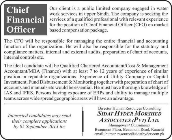 CFO Jobs in Pakistan 2013 August Chief Financial Officer through Sidat Hyder Morshed Associates (Pvt) Ltd.