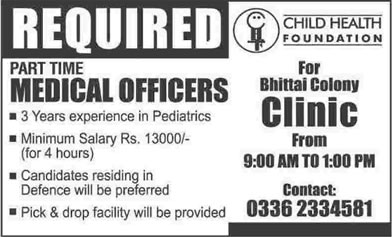 Child Health Foundation Karachi Jobs 2013 Doctors / Medical Officers (Part-Time)