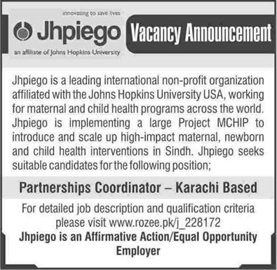 Jhpiego Karachi Jobs 2013 September Partnerships Coordinator for MCHIP Project
