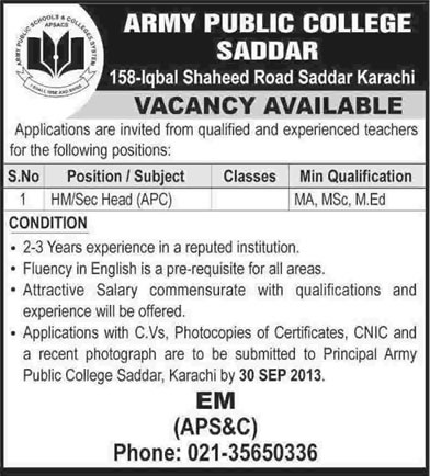 Army Public College Saddar Karachi Jobs for HM/Sec Head 2013 September