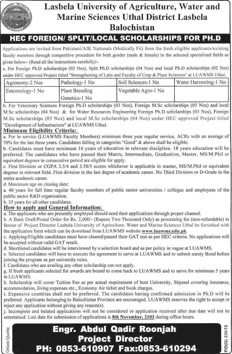 Lasbela University HEC Foreign / Split / Local Scholarships for PhD 2013 LUAWMS