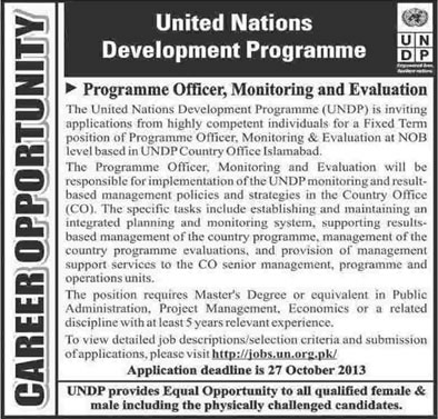 UNDP Jobs in Pakistan 2013 October Islamabad for Programme Officer - Monitoring & Evaluation (M&E)