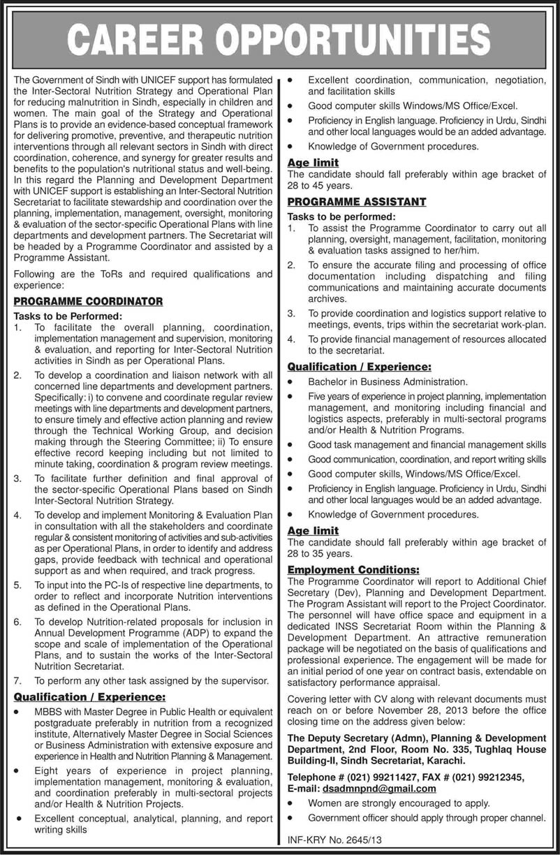 Planning and Development Department Sindh Jobs 2013 November Program Coordinator / Assistant at Intersectoral Nutrition Secretariat