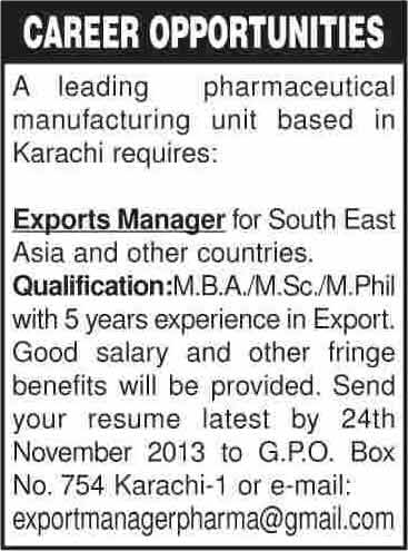 Export Manger Jobs in Karachi 2013 November in a Pharmaceutical Manufacturing Unit