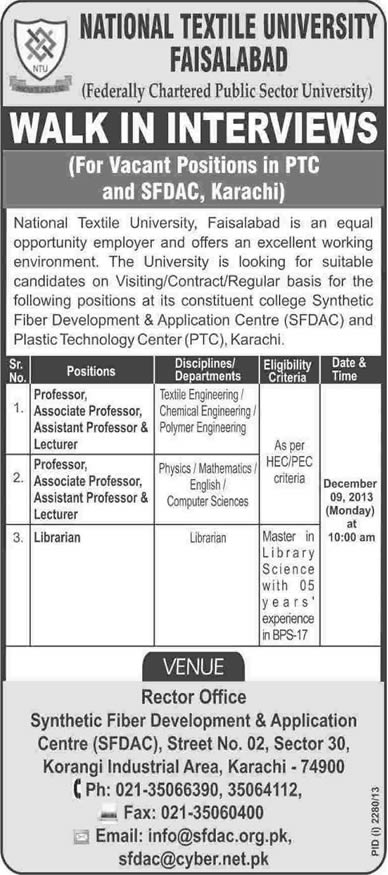 Librarian & Teaching Faculty Jobs in Karachi 2013 December for National Textile University - SFDAC & PTC