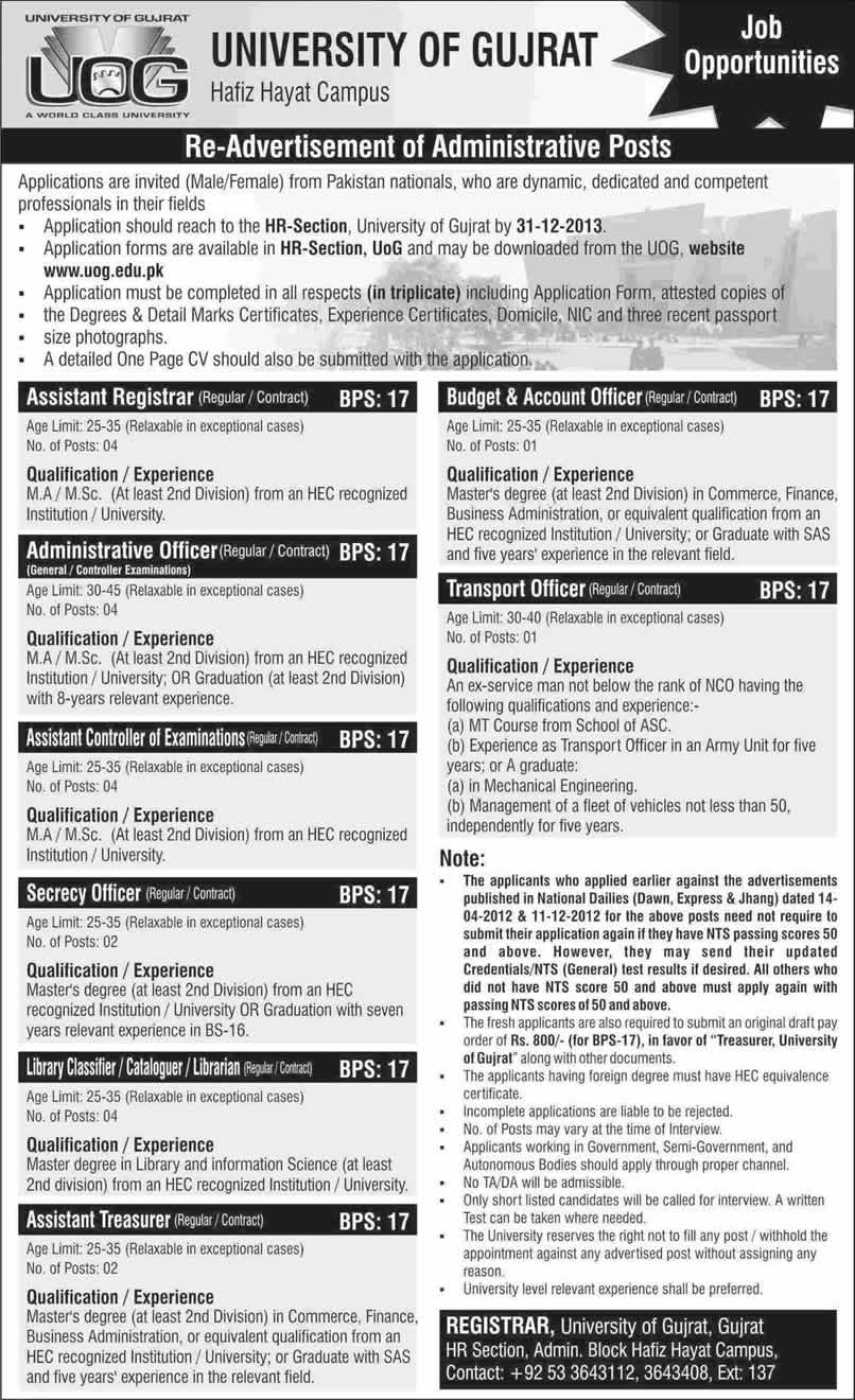 University of Gujrat Jobs 2013 December Administrative Positions at Hafiz Hayat Campus