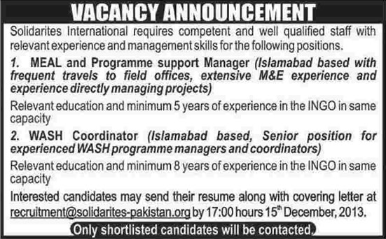 Solidarites International Pakistan Jobs 2013 December MEAL & Program Support Manager and WASH Coordinator