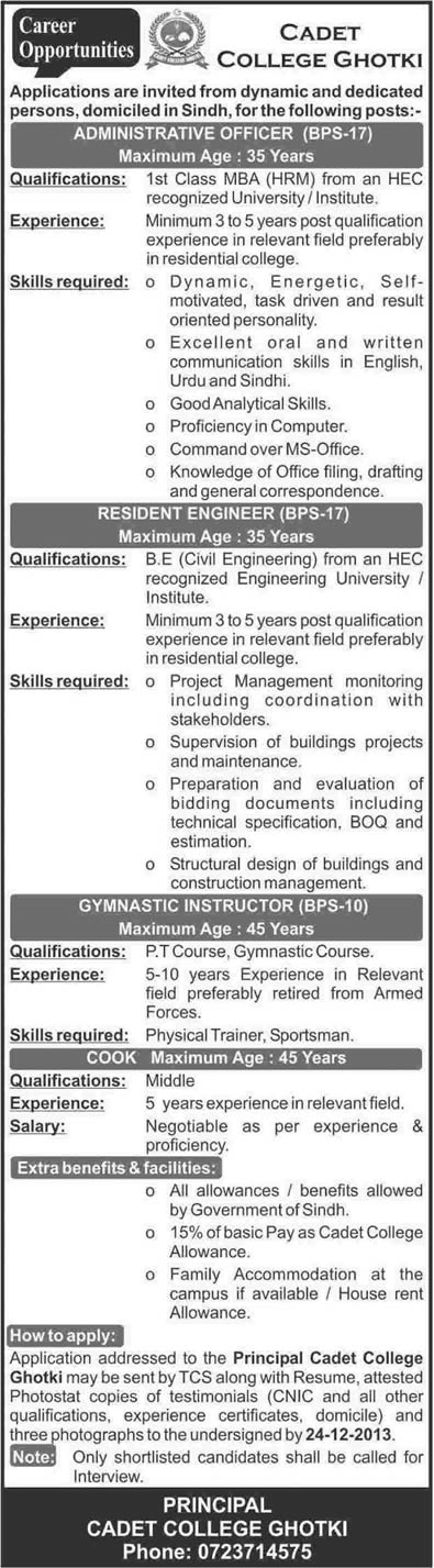 Cadet College Ghotki Jobs 2013 December for Admin Officer, Resident Engineer, Instructor & Cook